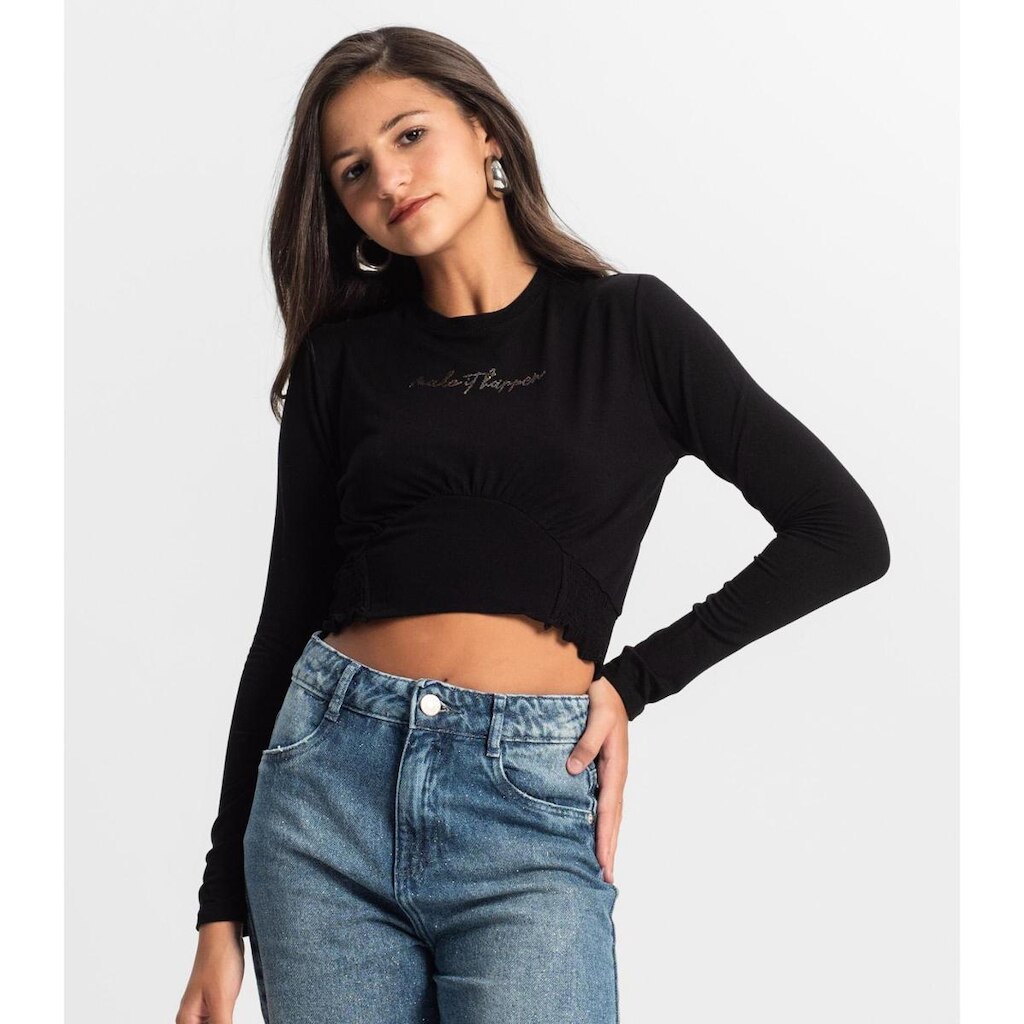 Blusa Juvenil Manga Longa Minty Preto