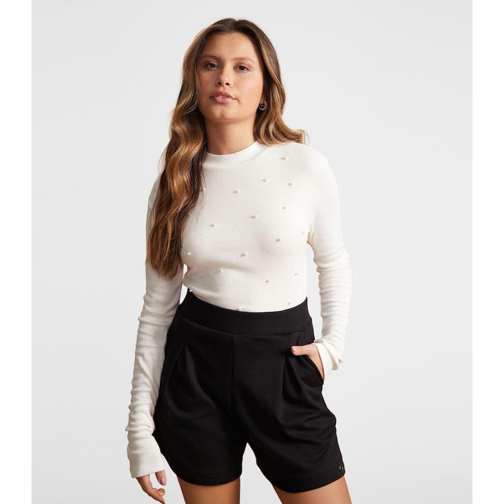 Blusa Juvenil Manga Longa Ribana e Rebites Minty Bege