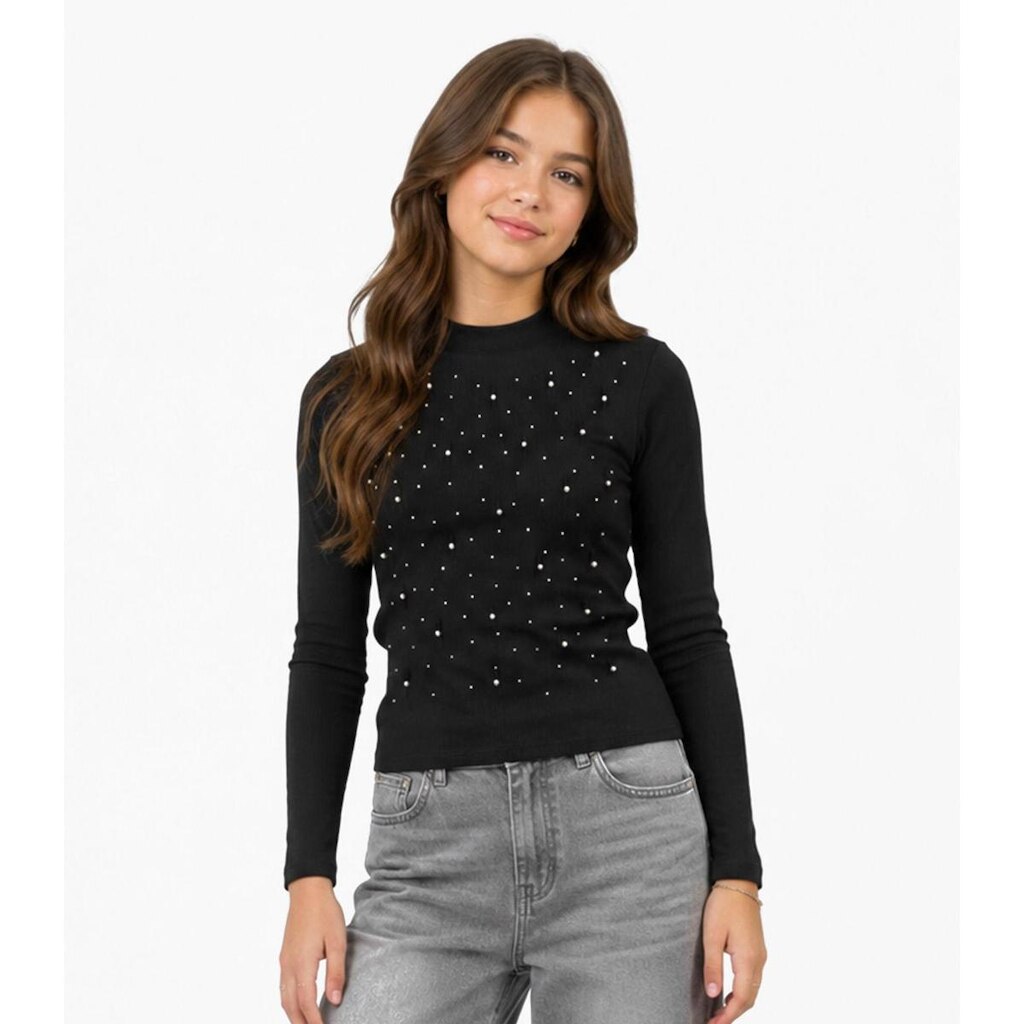 Blusa Juvenil Manga Longa Ribana e Rebites Minty Preto