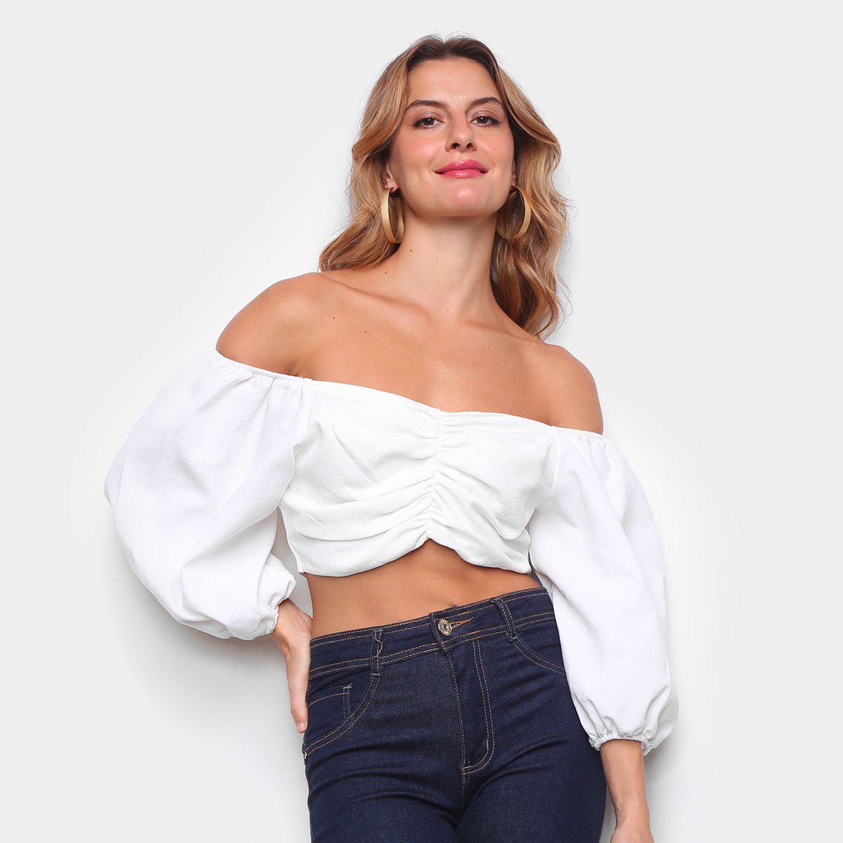 Blusa Lança Perfume Cropped Ombro A Ombro Manga 3/4 Feminina - Off White Menor preço em Blusa Lança Perfume Cropped Ombro A Ombro Manga 3/4 Feminina - Off White