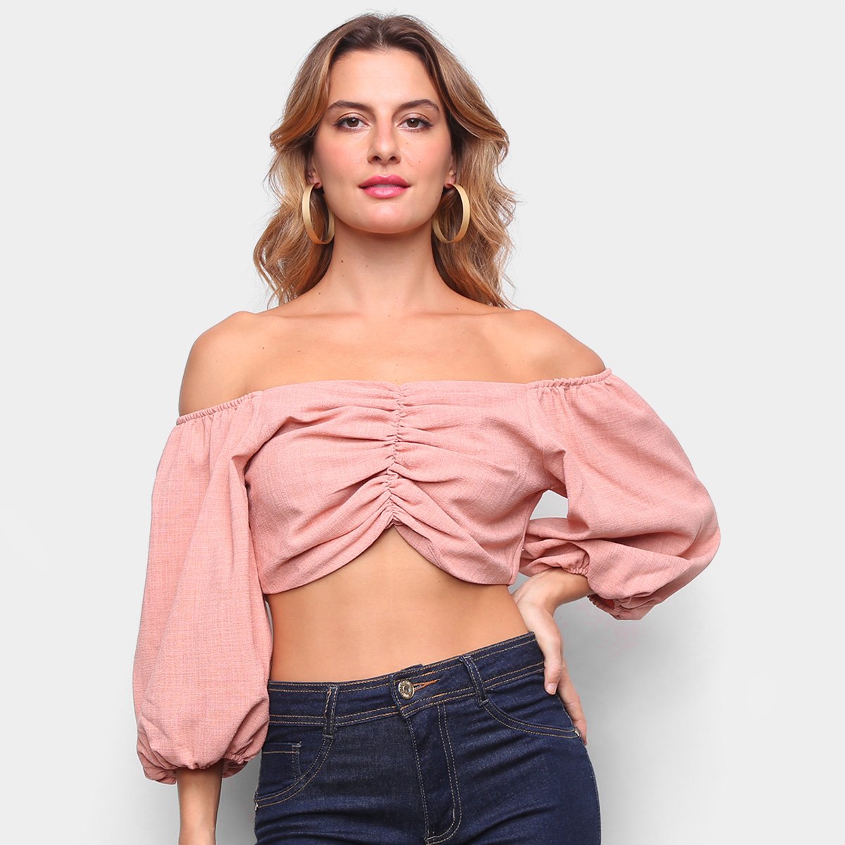 Blusa Lança Perfume Cropped Ombro A Ombro Manga 3/4 Feminina - Rosa Claro Menor preço em Blusa Lança Perfume Cropped Ombro A Ombro Manga 3/4 Feminina - Rosa Claro