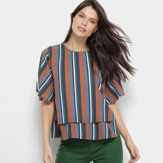 Blusa Lança Perfume Listrada Manga Curta Feminina - Listrado