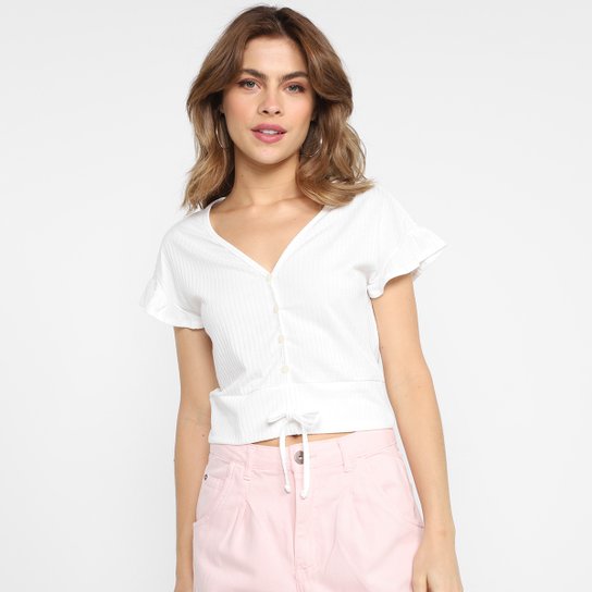 Blusa Lecimar Canelada Botões Manga Babado Feminina - Off White