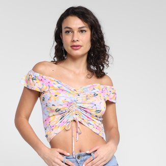 Blusa Lecimar Cropped Ombro A Ombro Floral Feminina