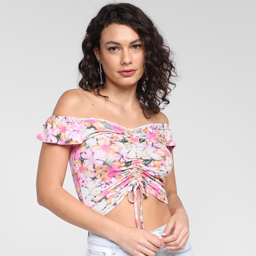 Blusa Lecimar Cropped Ombro A Ombro Floral Feminina
