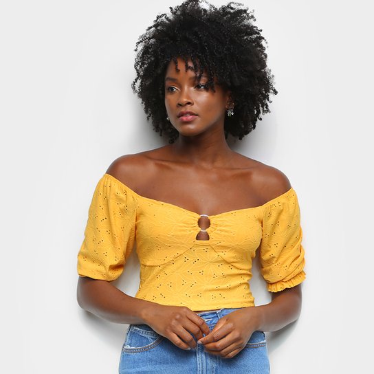 Blusa Lecimar Ombro a Ombro Argola Feminina - Amarelo