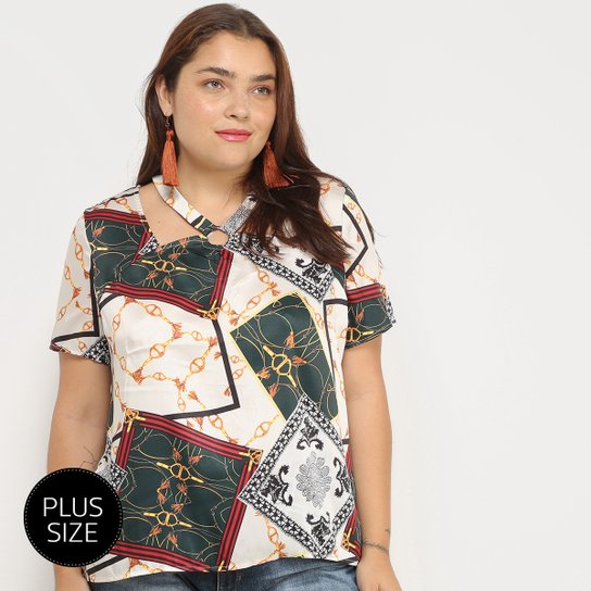 BLusa Lemise Manga Curta Estampada Plus Size Feminina - Bege+Verde