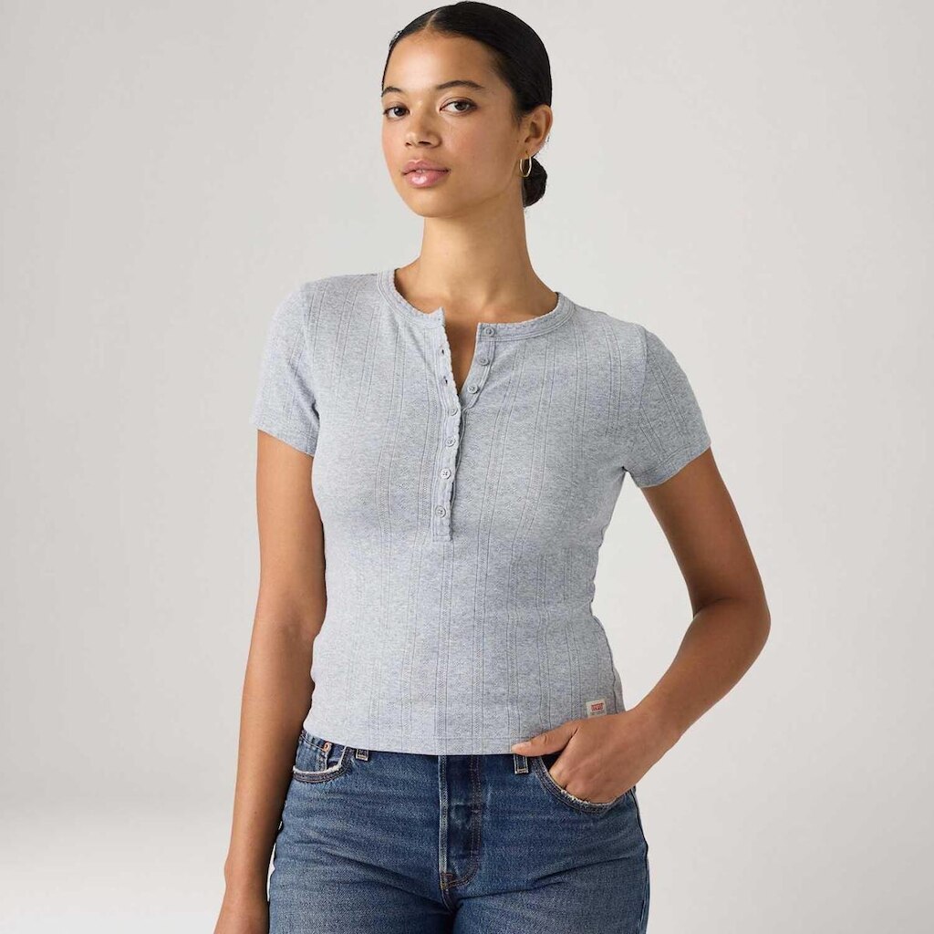Blusa Levi's Dry Goods Pointelle Henley Cinza Claro Manga Curta Feminina