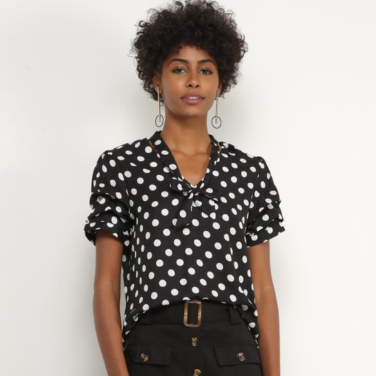 Blusa Lily Fashion Manga Curta Póa Feminina - Preto