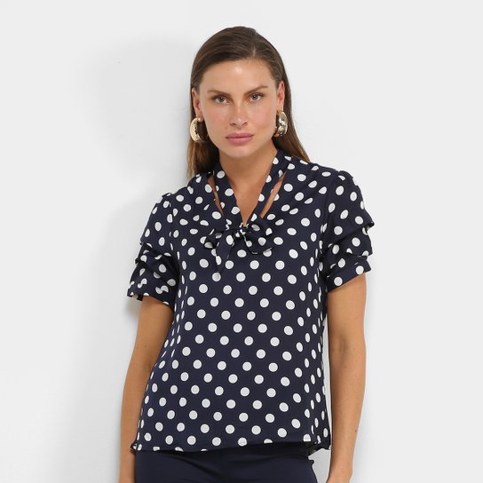 Blusa Lily Fashion Manga Curta Póa Feminina - Marinho