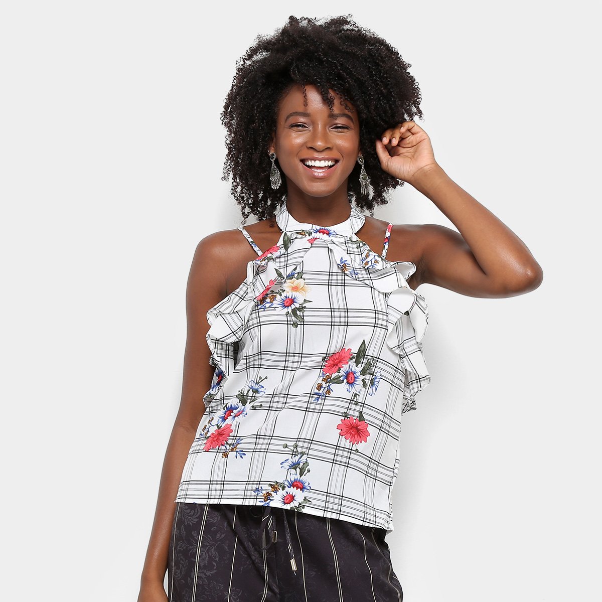 Blusa Lily Fashion Xadrez Floral Babados Feminina - Branco Menor preço em Blusa Lily Fashion Xadrez Floral Babados Feminina - Branco