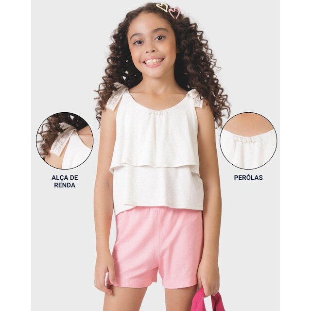 Blusa linho alça renda verão delicada sofisticada fresca - OffWhite e Rosa - Menina 4 a 14 anos
