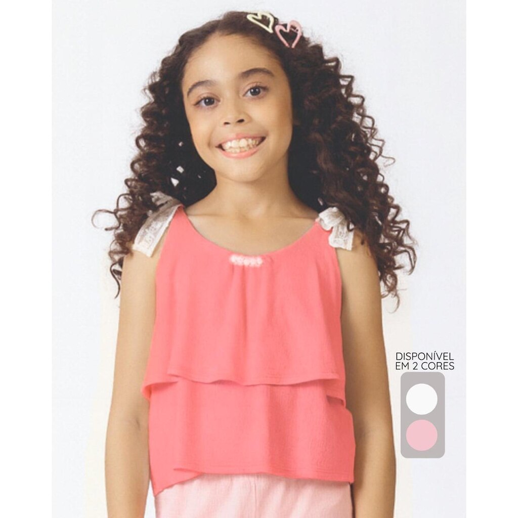 Blusa linho alça renda verão delicada sofisticada fresca - OffWhite e Rosa - Menina 4 a 14 anos