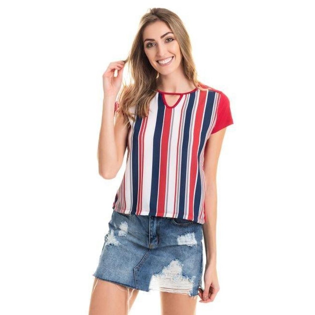 Blusa Listradas Vertical  Detalhe Gota Decote