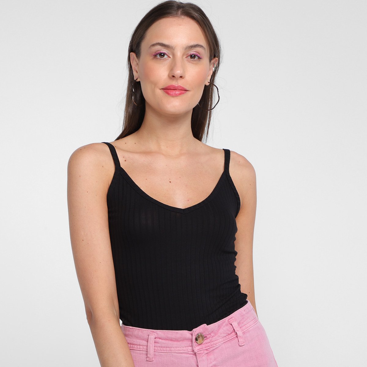 Blusa Lunender Alça Finas Canelada - Preto Menor preço em Blusa Lunender Alça Finas Canelada - Preto