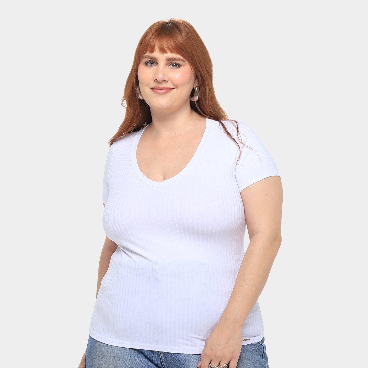 Blusa Lunender Canelada Plus Size Básica Feminina - Branco Menor preço em Blusa Lunender Canelada Plus Size Básica Feminina - Branco