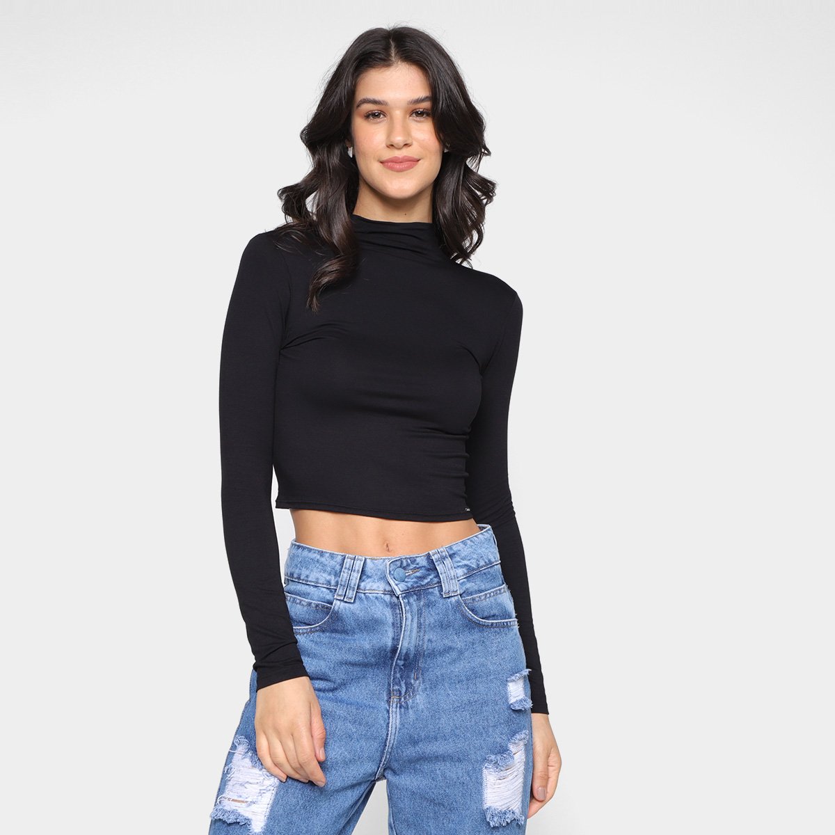 Blusa Lunender Cropped Manga Longa Feminina - Preto Menor preço em Blusa Lunender Cropped Manga Longa Feminina - Preto