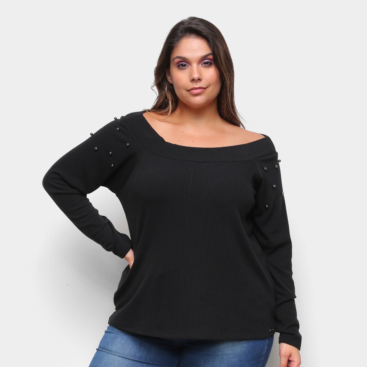 Blusa Maelle Plus Size Manga Longa Canelada Feminina Preto Zattini blusa-maelle-plus-size-manga-longa-canelada-feminina-preto-zattini