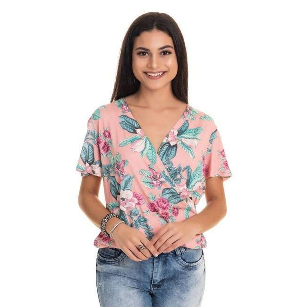 Blusa Malha Estampada Transpassada Ombro Vazado Mangas Godê