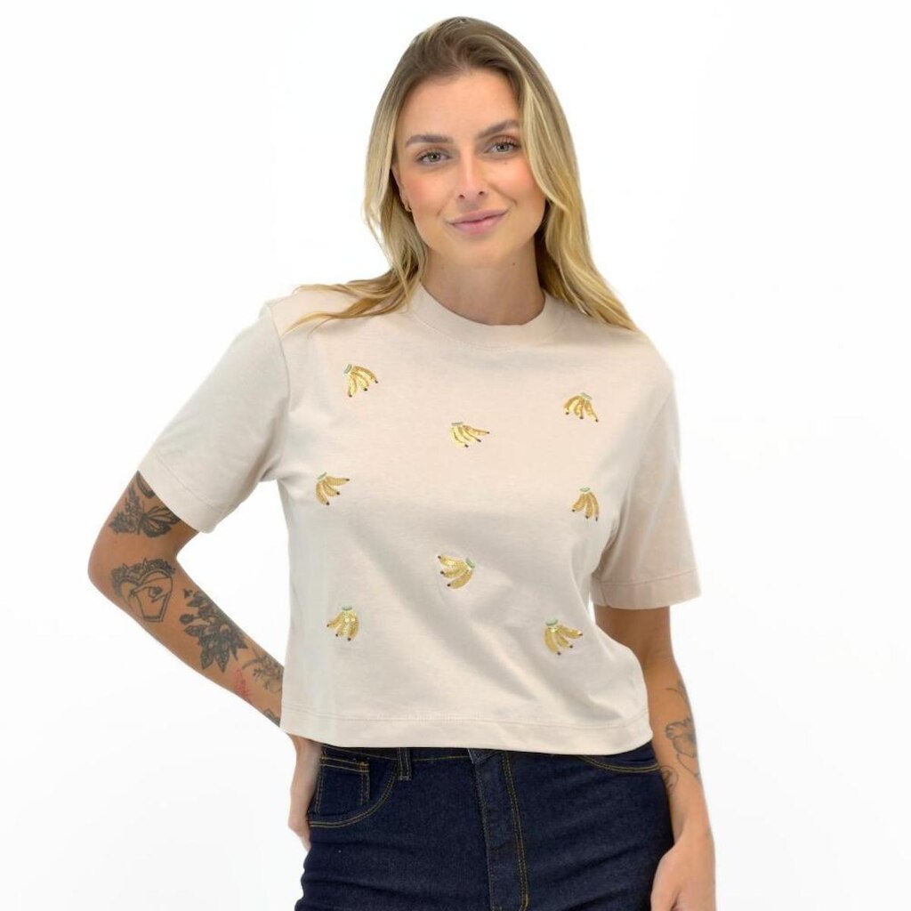 Blusa Malwee Cropped Manga Curta com Lantejoula Feminina