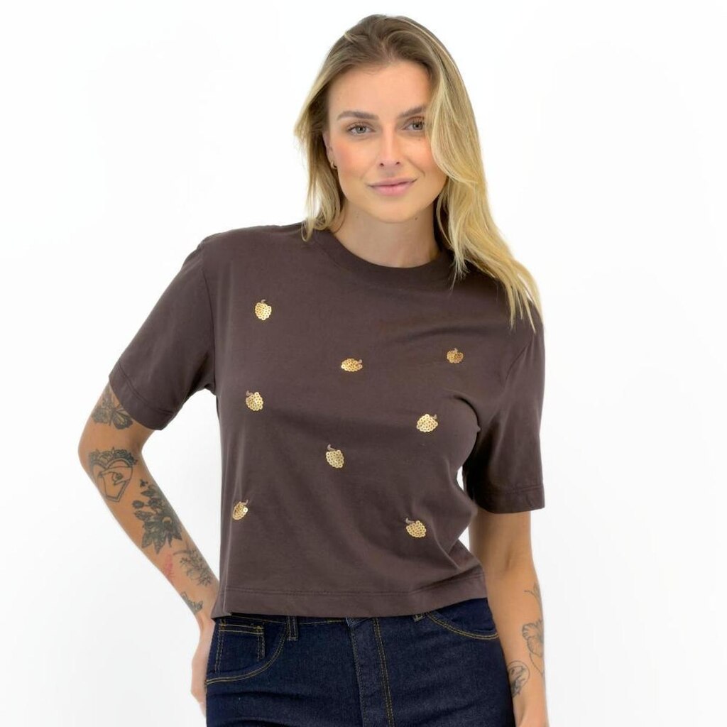 Blusa Malwee Cropped Manga Curta com Lantejoula Feminina