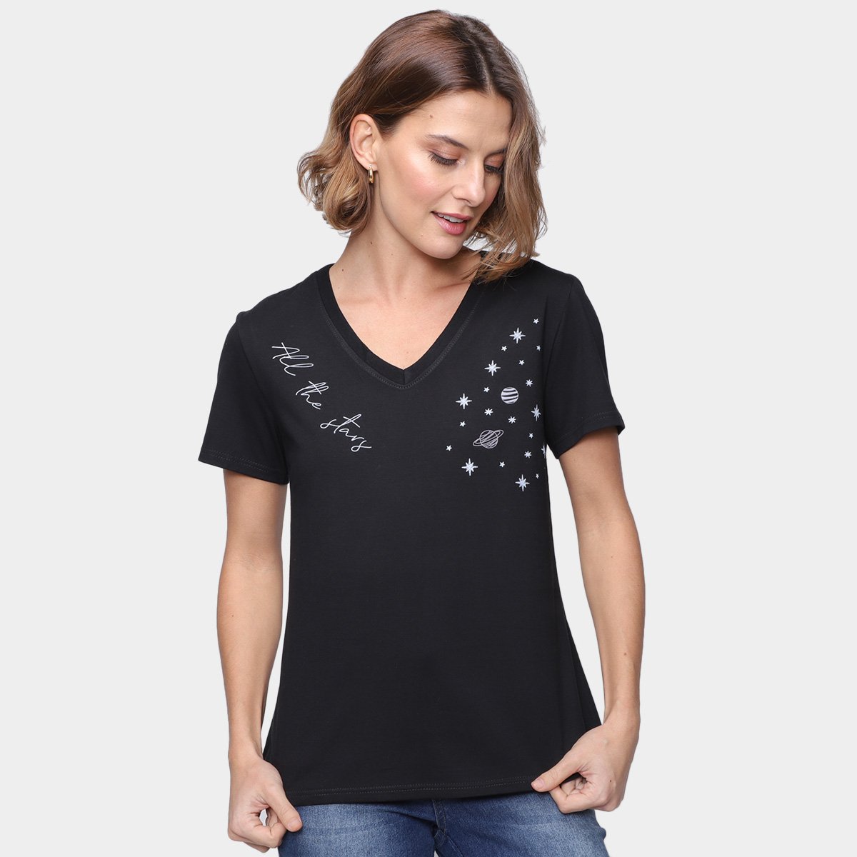 Blusa Malwee Estampada Manga Curta Feminina - Preto Menor preço em Blusa Malwee Estampada Manga Curta Feminina - Preto