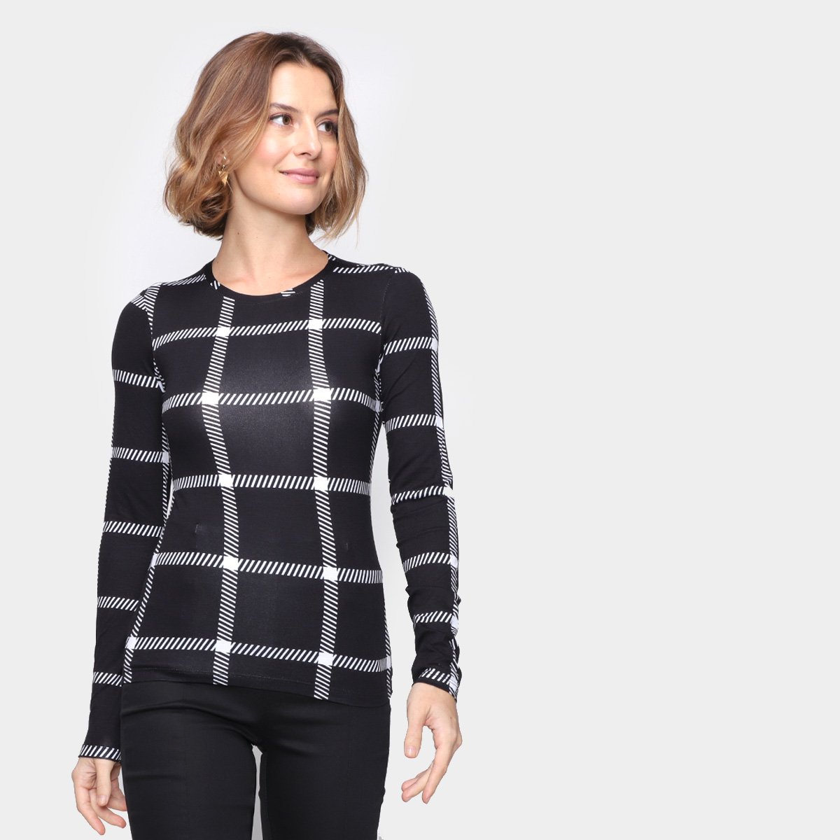 Blusa Malwee Estampada Xadrez Manga Longa Feminina - Preto+Branco Menor preço em Blusa Malwee Estampada Xadrez Manga Longa Feminina - Preto+Branco