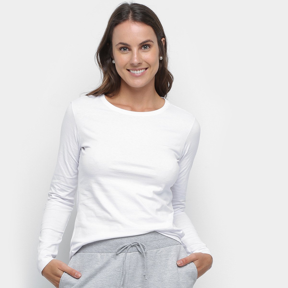 blusa manga longa feminina básica branca