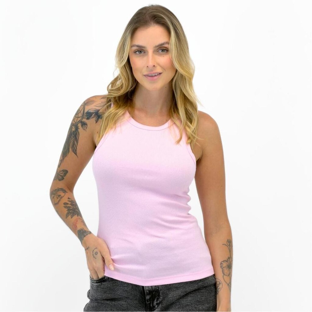 Blusa Malwee Regata Básica Canelada Gola Redonda Feminina