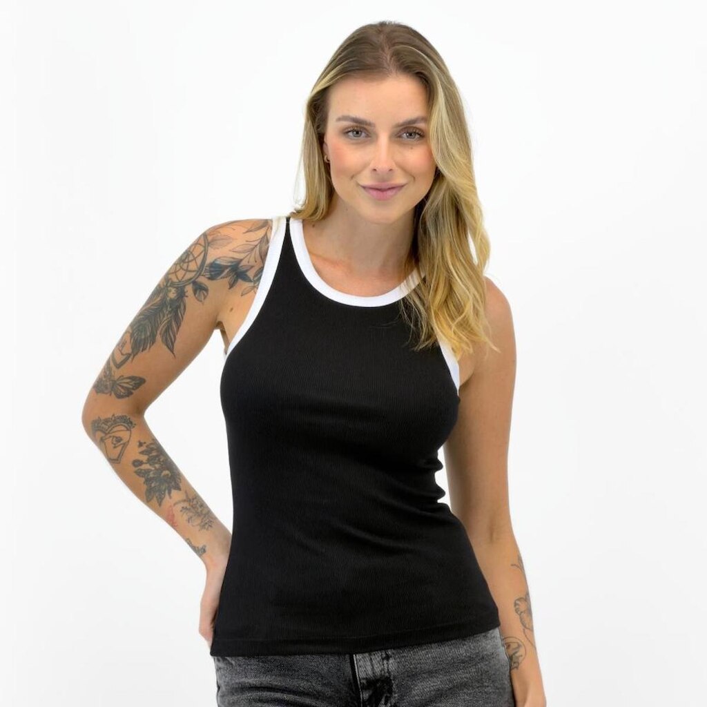 Blusa Malwee Regata Básica Canelada Gola Redonda Feminina