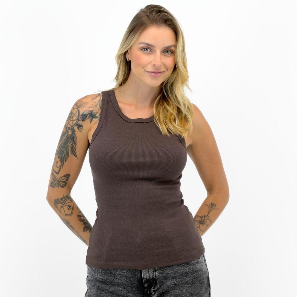 Blusa Malwee Regata Básica Canelada Gola Redonda Feminina