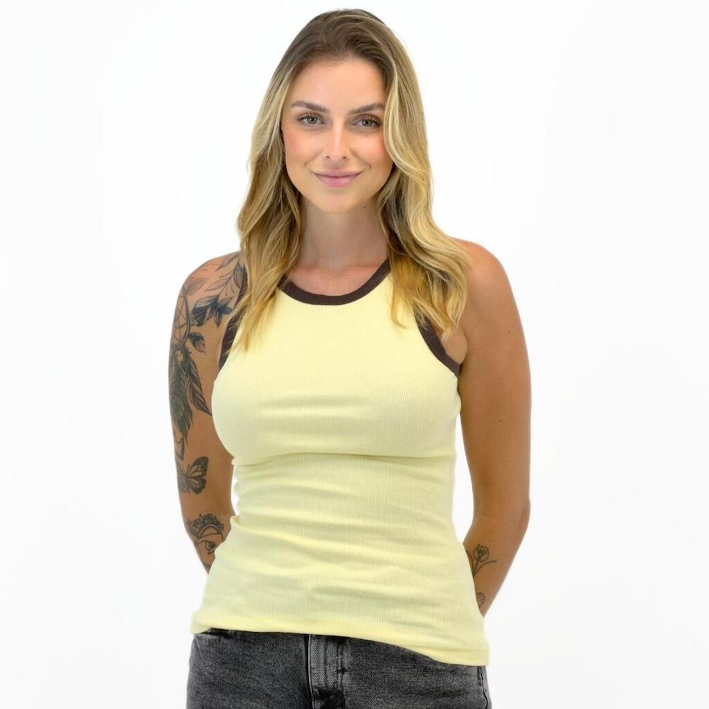 Blusa Malwee Regata Básica Canelada Gola Redonda Feminina