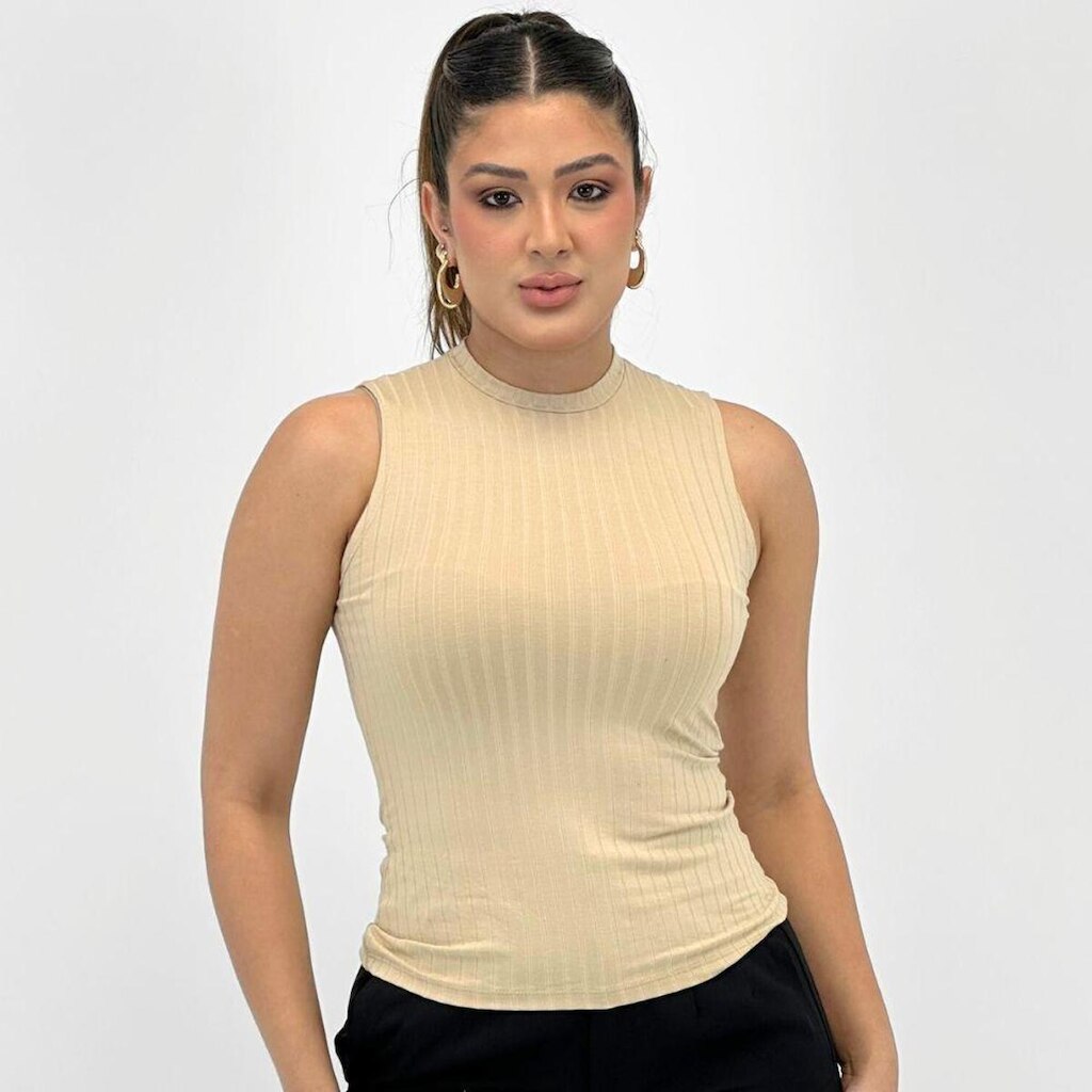 Blusa Malwee Regata Canelada Básica Gola Alta Feminina
