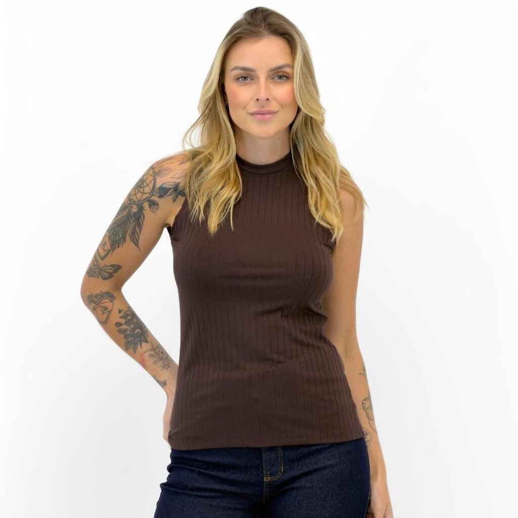 Blusa Malwee Regata Canelada Básica Gola Alta Feminina