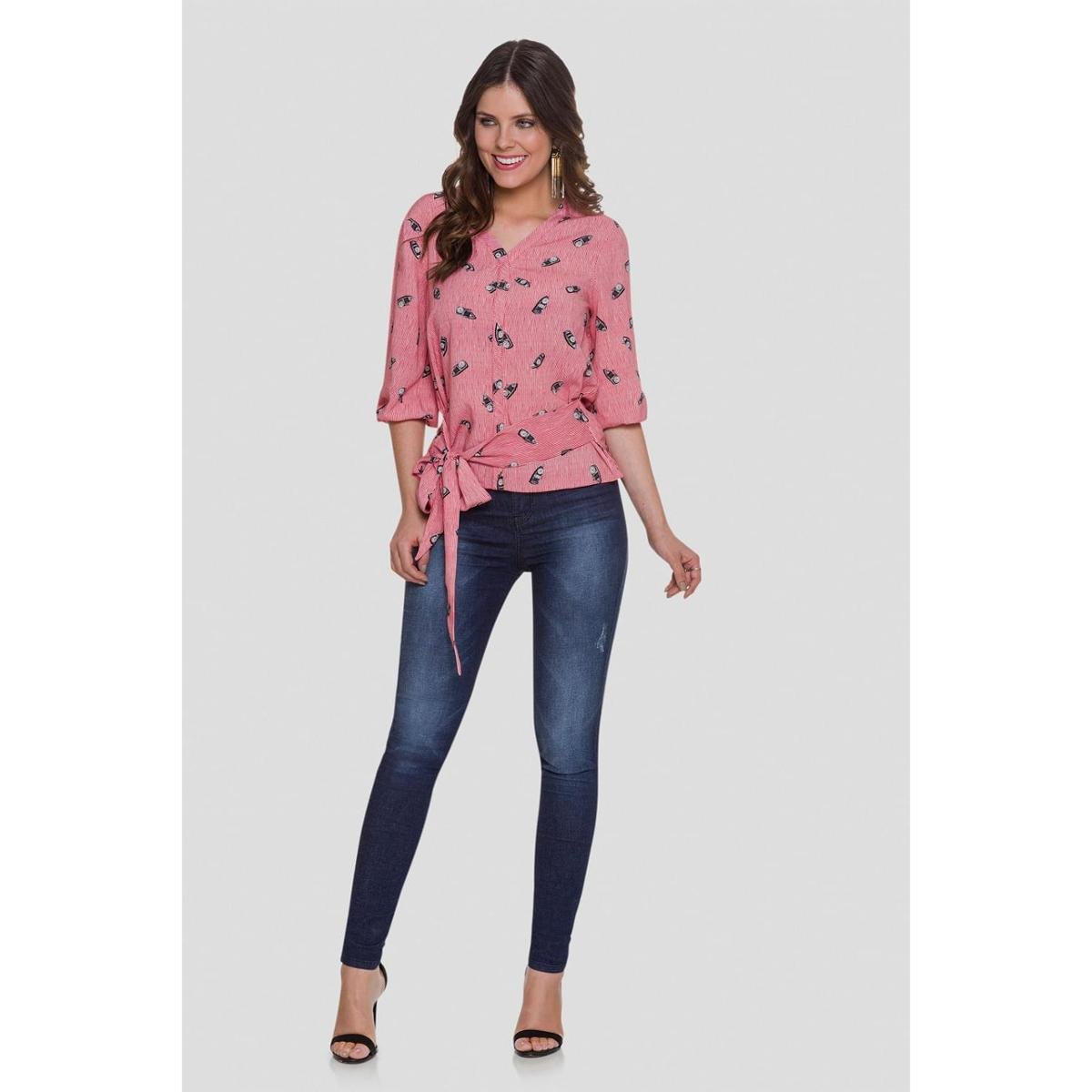 Blusa Manga 3/4 com Laço Tecido Vermelho Tam. P Menor preço em Blusa Manga 3/4 com Laço Tecido Vermelho Tam. P