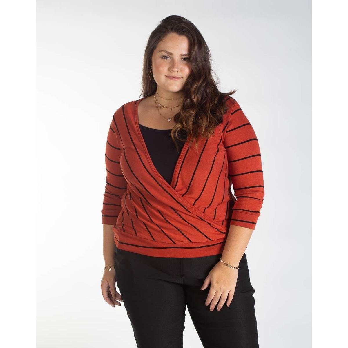 Blusa Feminina Besni Roupas Plus Size Blusa Manga 7/8 Plus Size  Sobreposição Listrada Besni Feminina