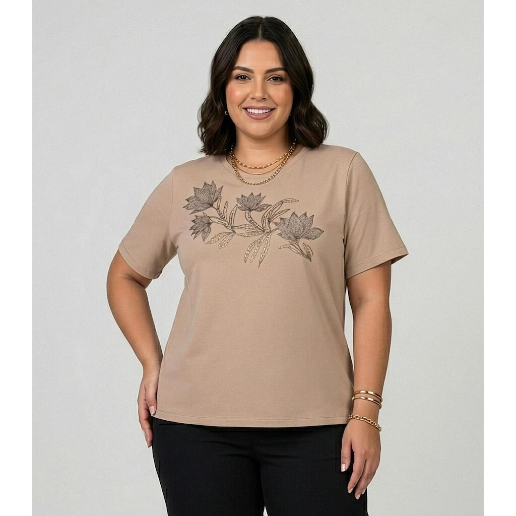 Blusa Manga Curta Com Estampa Plus Secret Glam Marrom