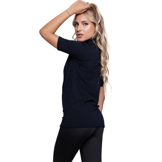 Blusa Manga Curta Gola Alta Serra e Mar Em Malha Canelada Blogueira Moda Casual