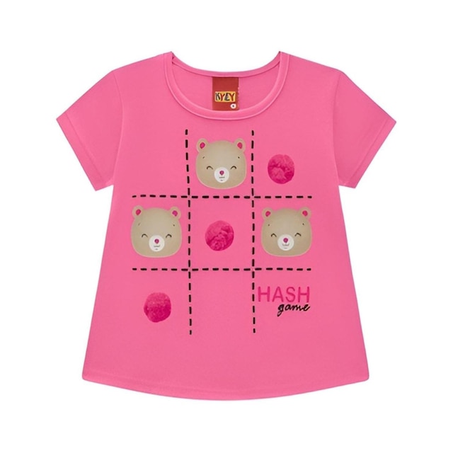 Blusa Manga Curta Infantil Menina Algodão Malha Urso Pompom