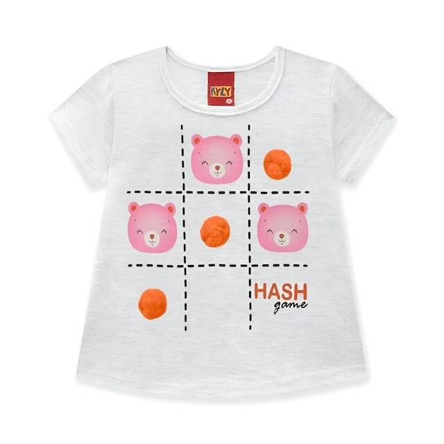 Blusa Manga Curta Infantil Menina Algodão Malha Urso Pompom