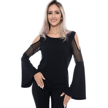 Blusa Manga Flare Ombros Vazados Talita B'Bonnie - Preto Menor preço em Blusa Manga Flare Ombros Vazados Talita B'Bonnie - Preto
