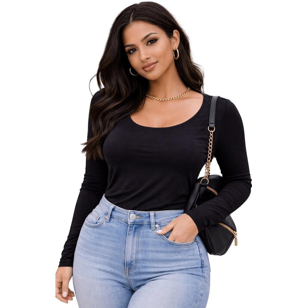 Blusa Manga Longa Básica Feminina Lunender 00648 Preto