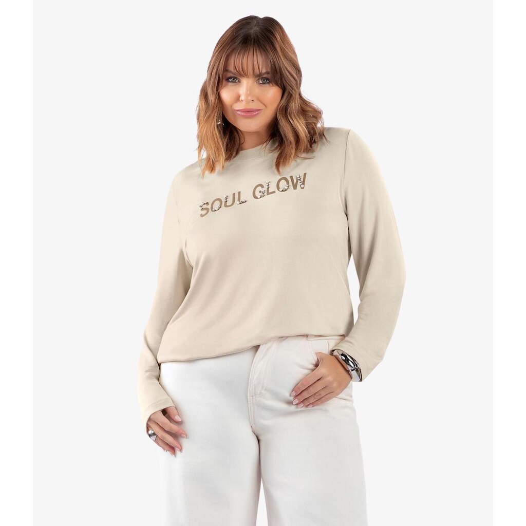 Blusa Manga Longa Com Rebite Plus Size Secret Glam Bege