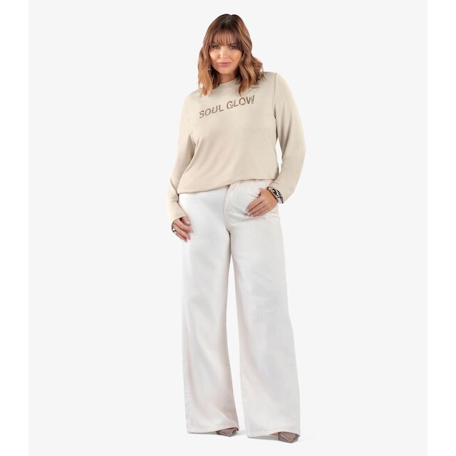 Blusa Manga Longa Com Rebite Plus Size Secret Glam Bege