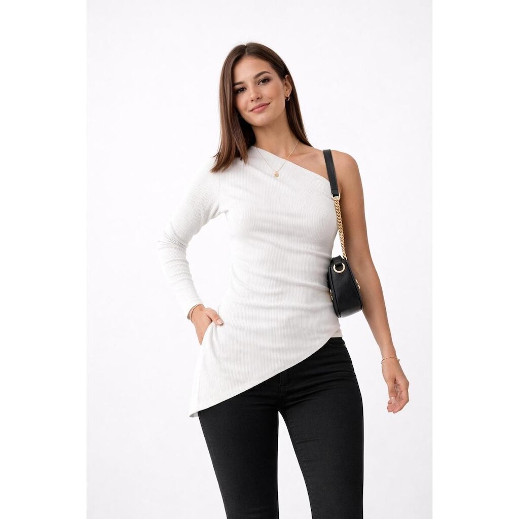 Blusa Manga Longa D Bell Outlet Fashion Assimétrica Canelada Branca