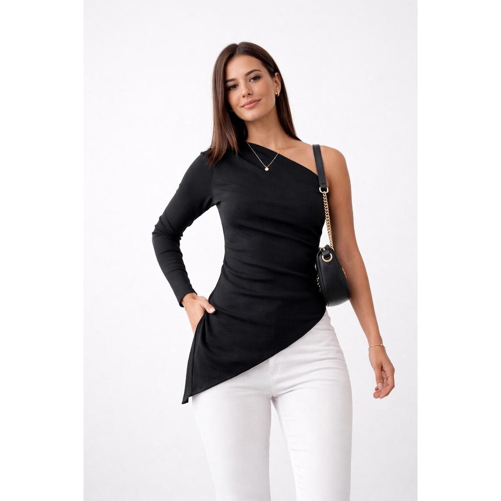 Blusa Manga Longa D Bell Outlet Fashion Assimétrica Canelada Preta