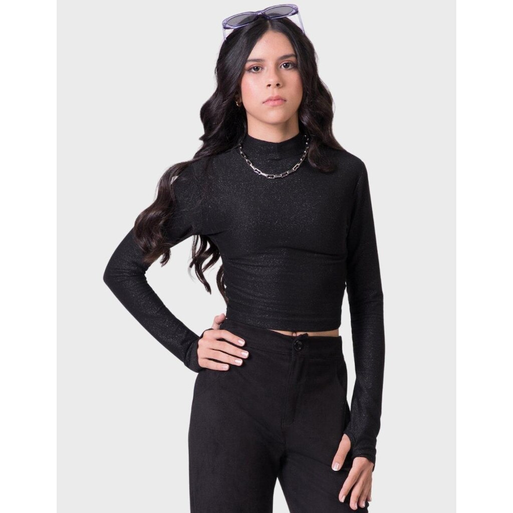 Blusa Manga Longa Detalhada Lurex Dia a Dia Elgante Inverno Frio Novo - Feminino 12 a 18 anos