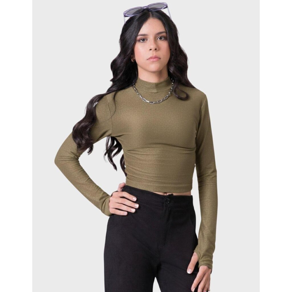 Blusa Manga Longa Detalhada Lurex Dia a Dia Elgante Inverno Frio Novo - Feminino 12 a 18 anos