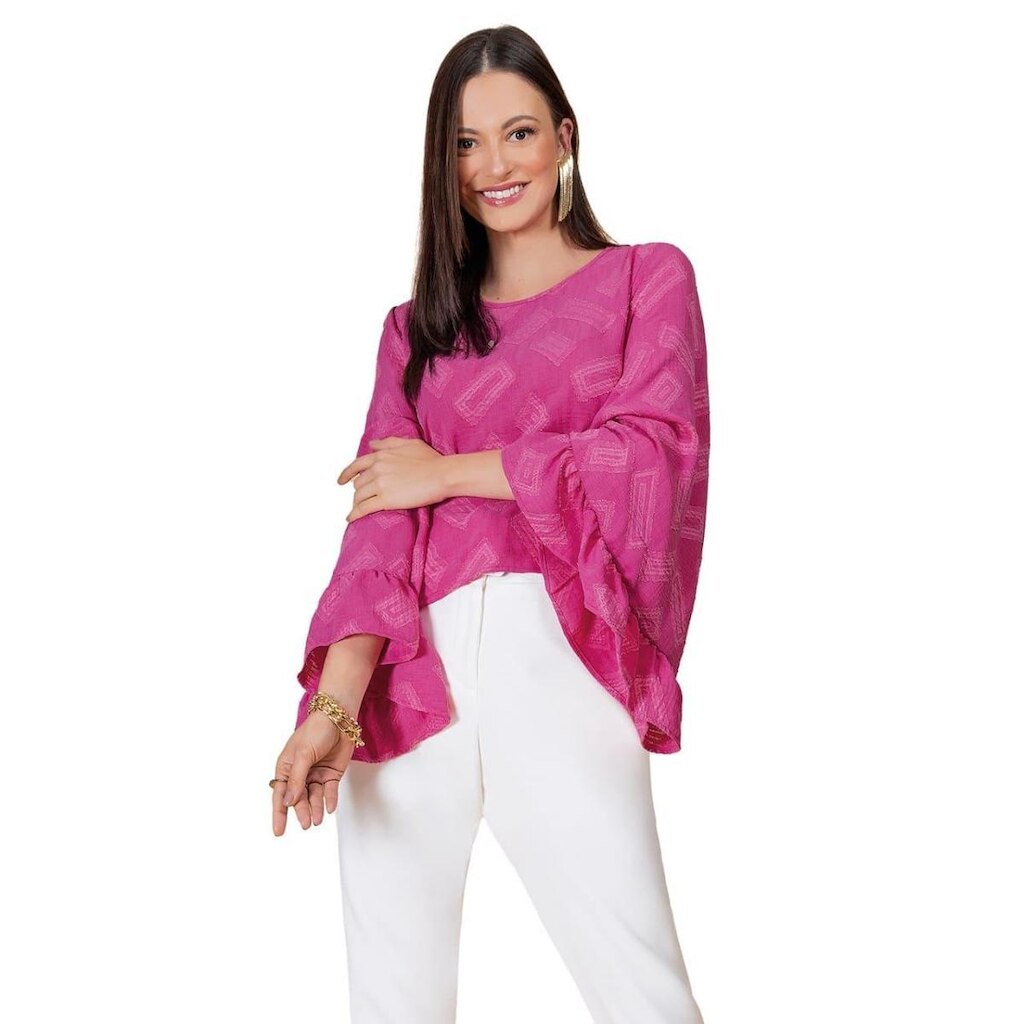 Blusa Manga Longa Detalhes Franzido Casual Estilosa