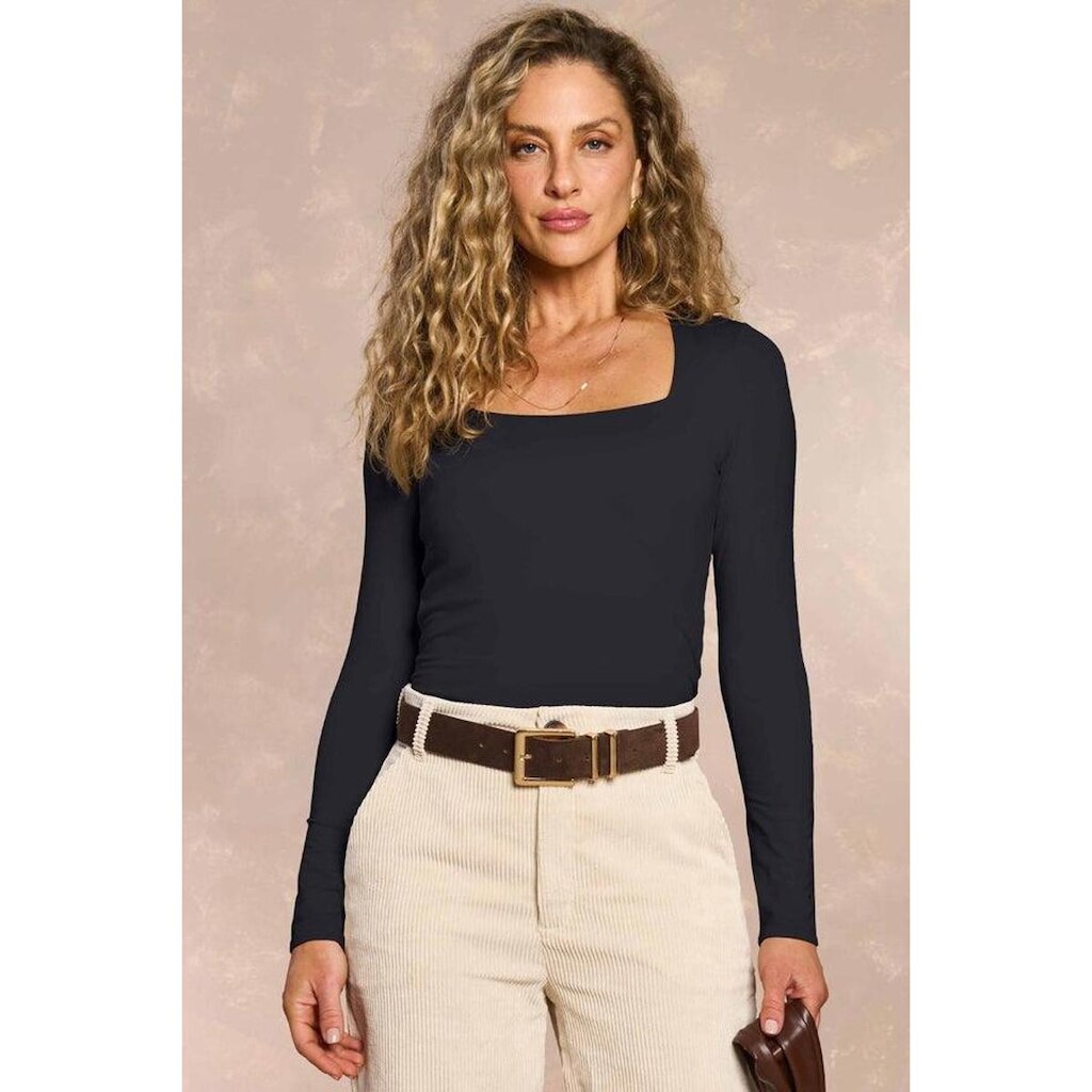 BLUSA MANGA LONGA DOCE TRAMA DECOTE QUADRADO FEMININA